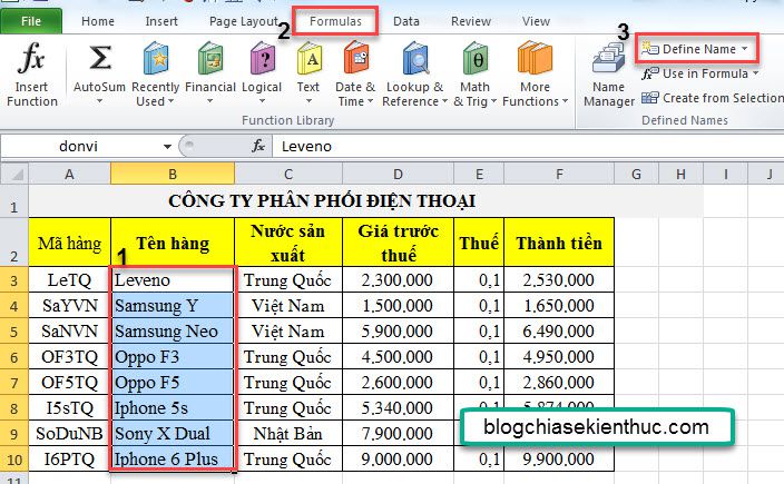 Define name trong excel