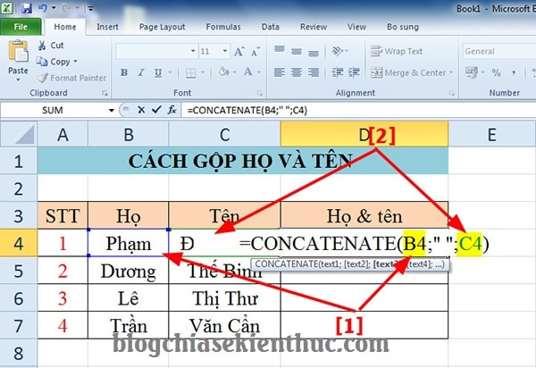 Hướng dẫn cách gộp 2 cột Họ và Tên trong file Excel đơn giản - Blog chia sẻ kiến thức