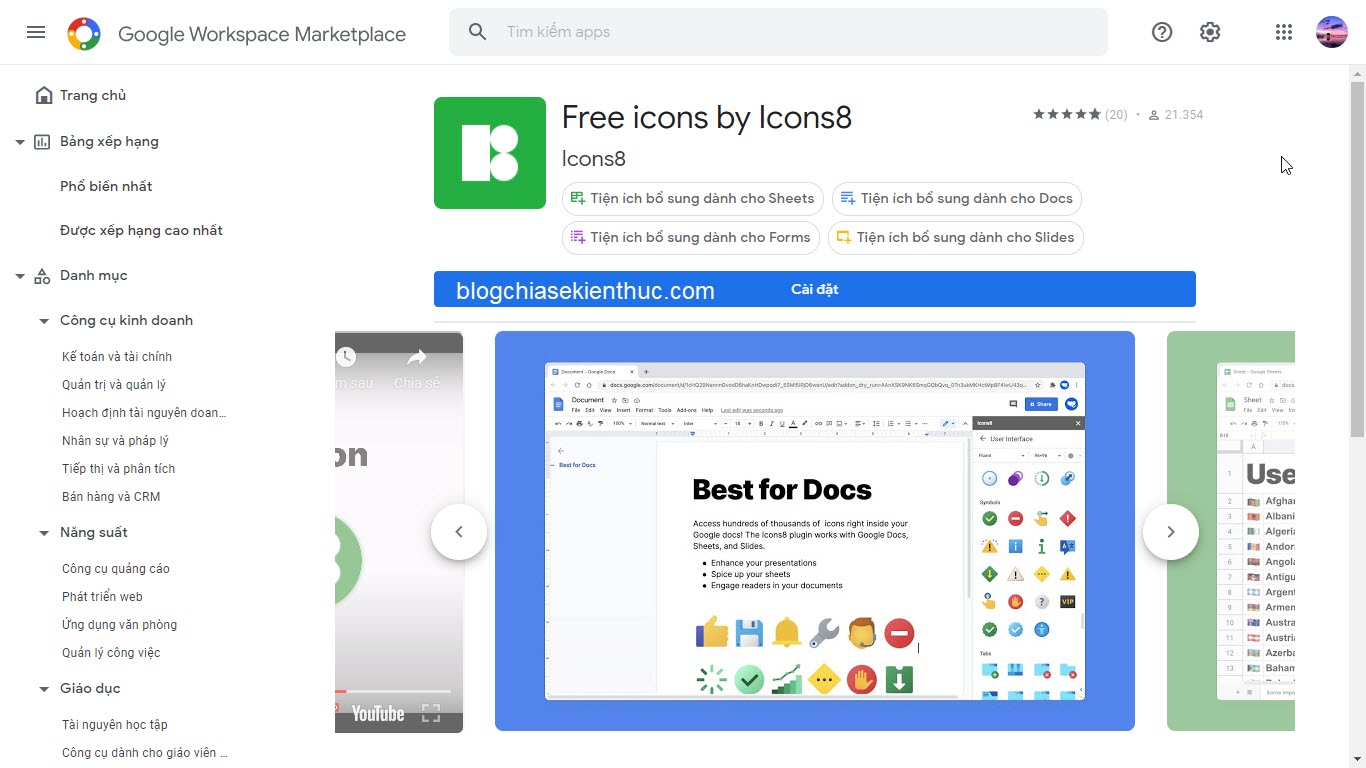 Tích hợp Icons8 vào bộ công cụ văn phòng online của Google