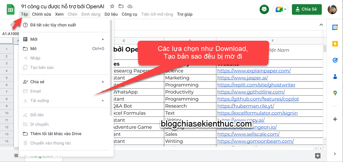 Cách sao chép nội dung trong file Google Sheet bị khóa